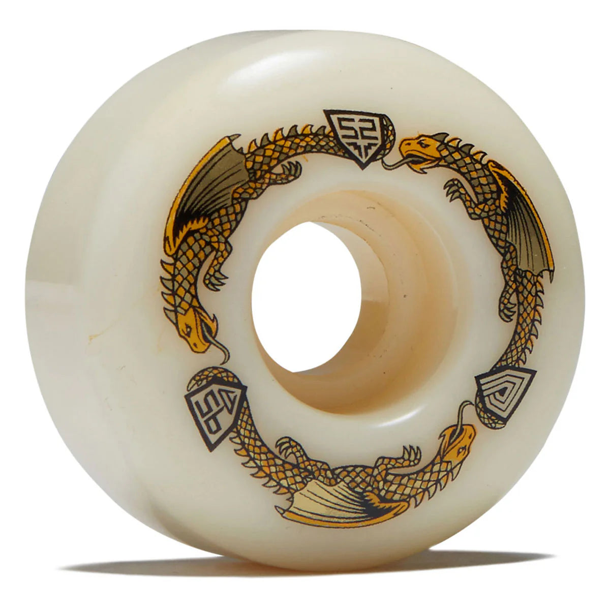 Skateboard wheel with dragon design and visible brand logo on a white background