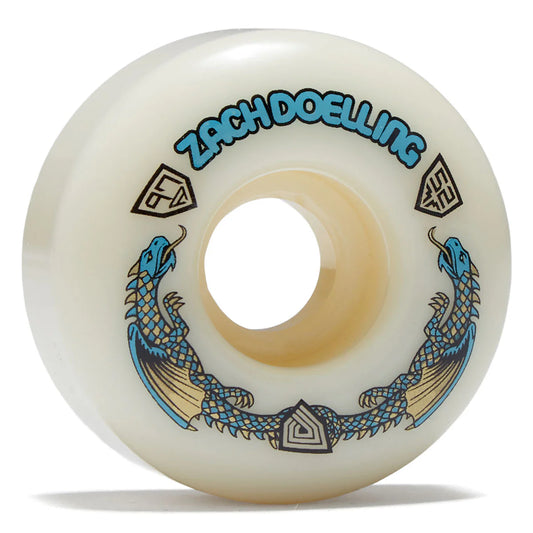 Skateboard wheel with 'Zach Doelling' branding and snake design on a white background