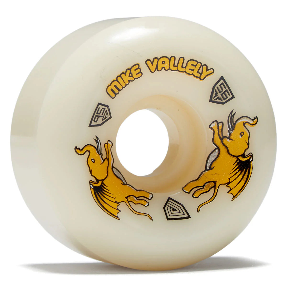 Skateboard wheel with 'Mike Valley' branding and bull graphics on a white background