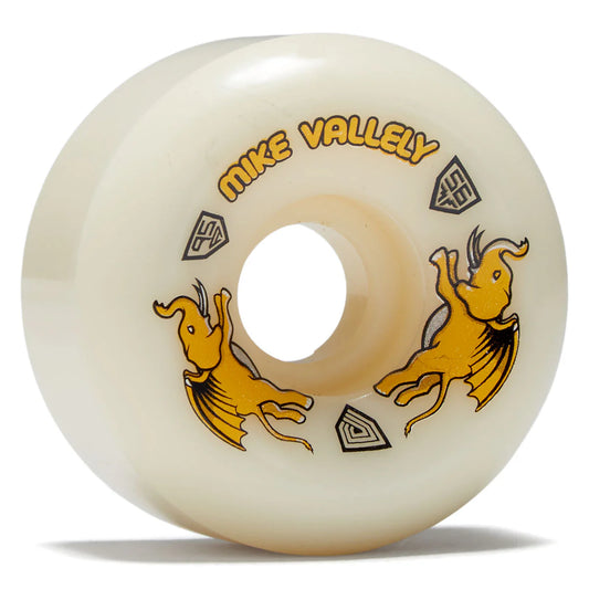 Skateboard wheel with 'Mike Valley' branding and bull graphics on a white background