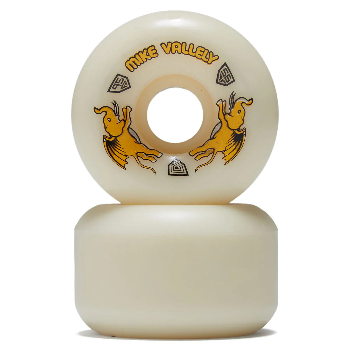 Two skateboard wheels with a design and text on a white background