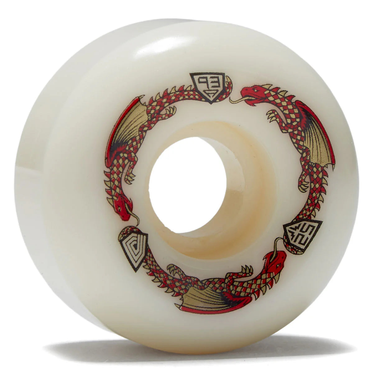Skateboard wheel with dragon design and visible brand logo on a white background