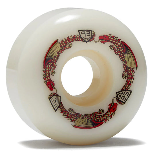 Skateboard wheel with dragon design and visible brand logo on a white background