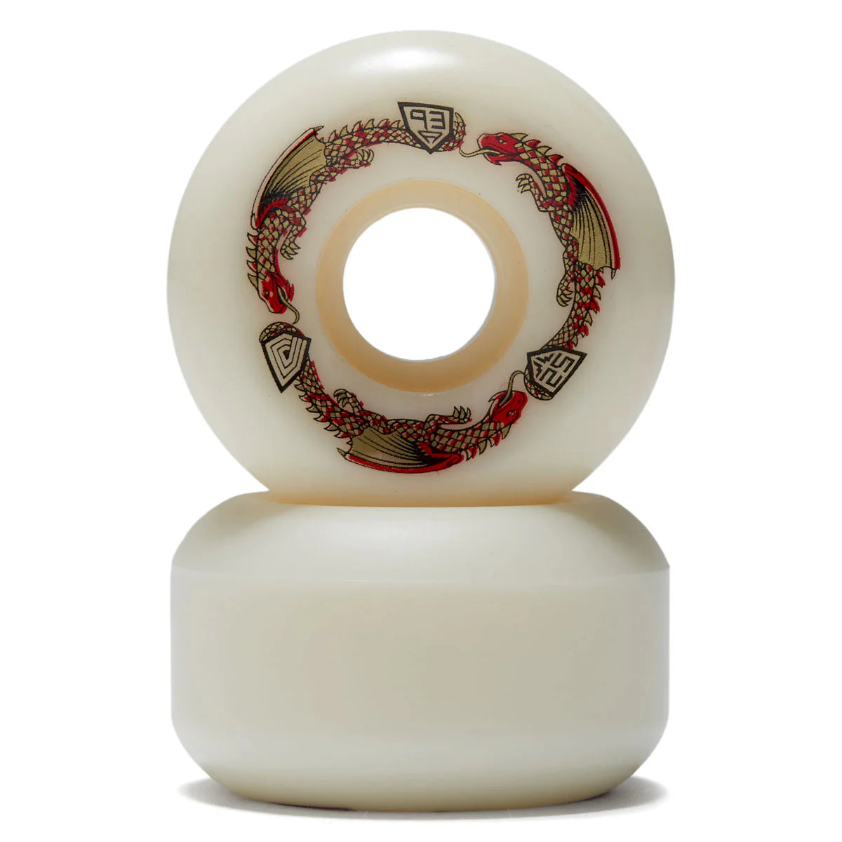 Two white skateboard wheels with decorative patterns on a white background
