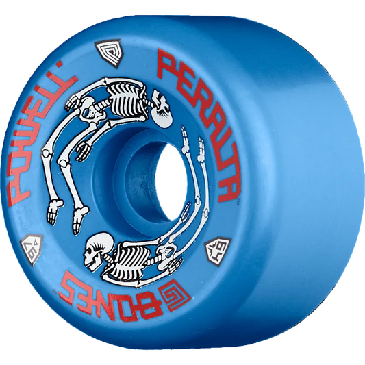 Blue skateboard wheel with skeleton design and Powell Peralta branding on a white background