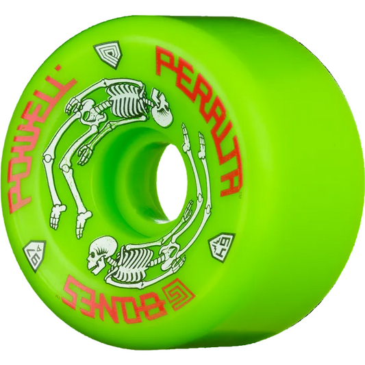 Green skateboard wheel with Powell Peralta and Santa Cruz branding on a white background