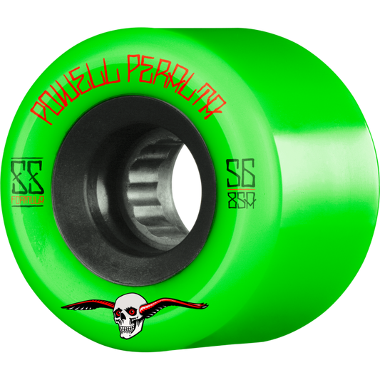 Green skateboard wheel with Powell Peralta branding and a skull design on a white background