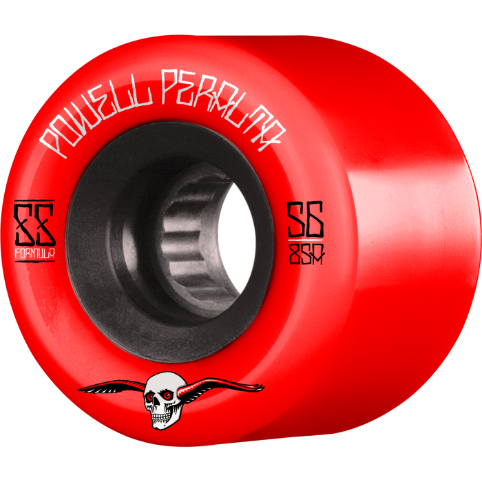 Red skateboard wheel with Powell Peralta logo and skull design on a white background