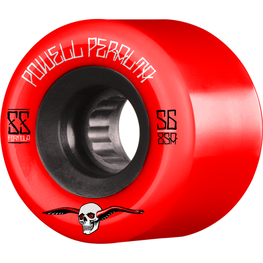 Red skateboard wheel with Powell Peralta logo and skull design on a white background