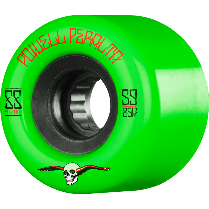 Green skateboard wheel with Poulse Percolator branding and a skull design on a white background
