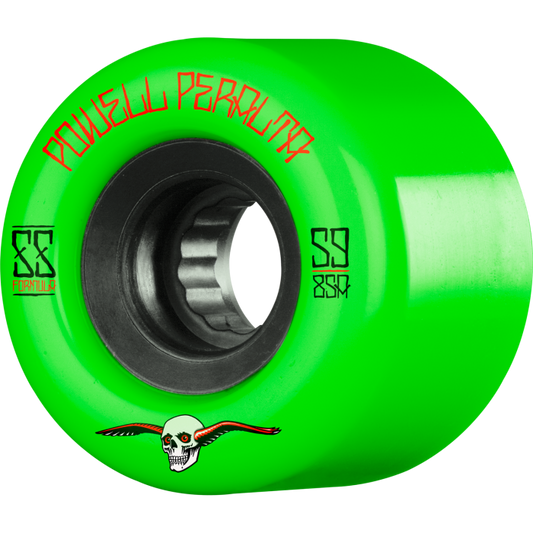 Green skateboard wheel with Poulse Percolator branding and a skull design on a white background