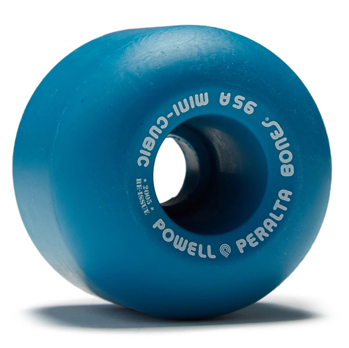 Blue skateboard wheel with Powell Peralta branding on a white background