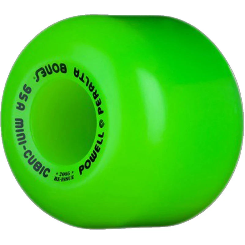Green skateboard wheel with Powell Peralta branding on a white background