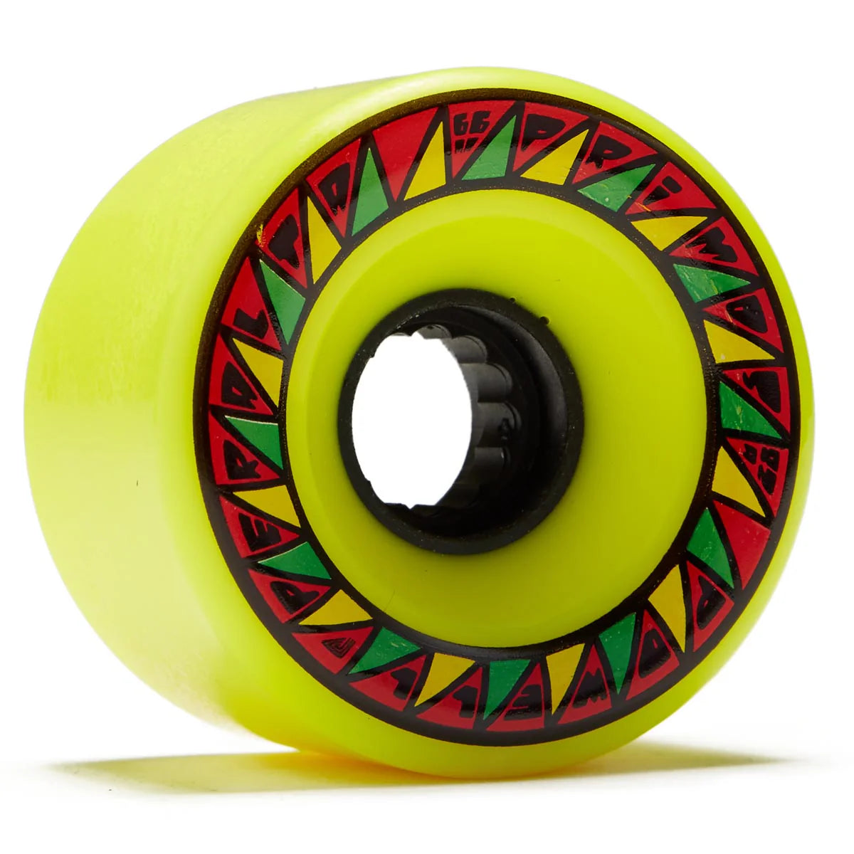 Yellow skateboard wheel with colorful triangle pattern on a white background