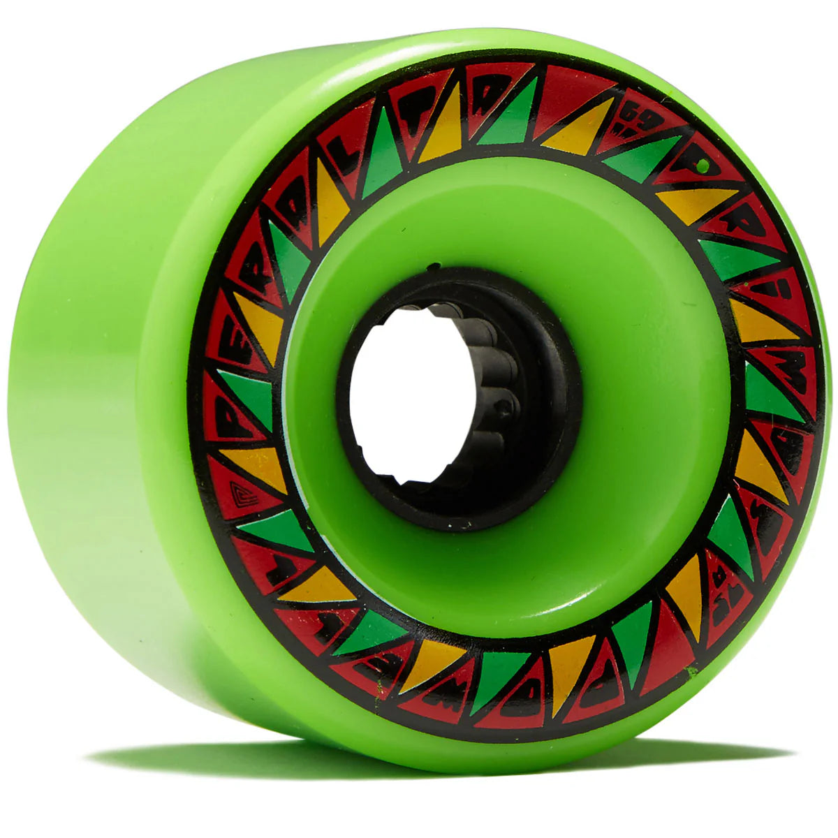 Green skateboard wheel with colorful geometric pattern on a white background