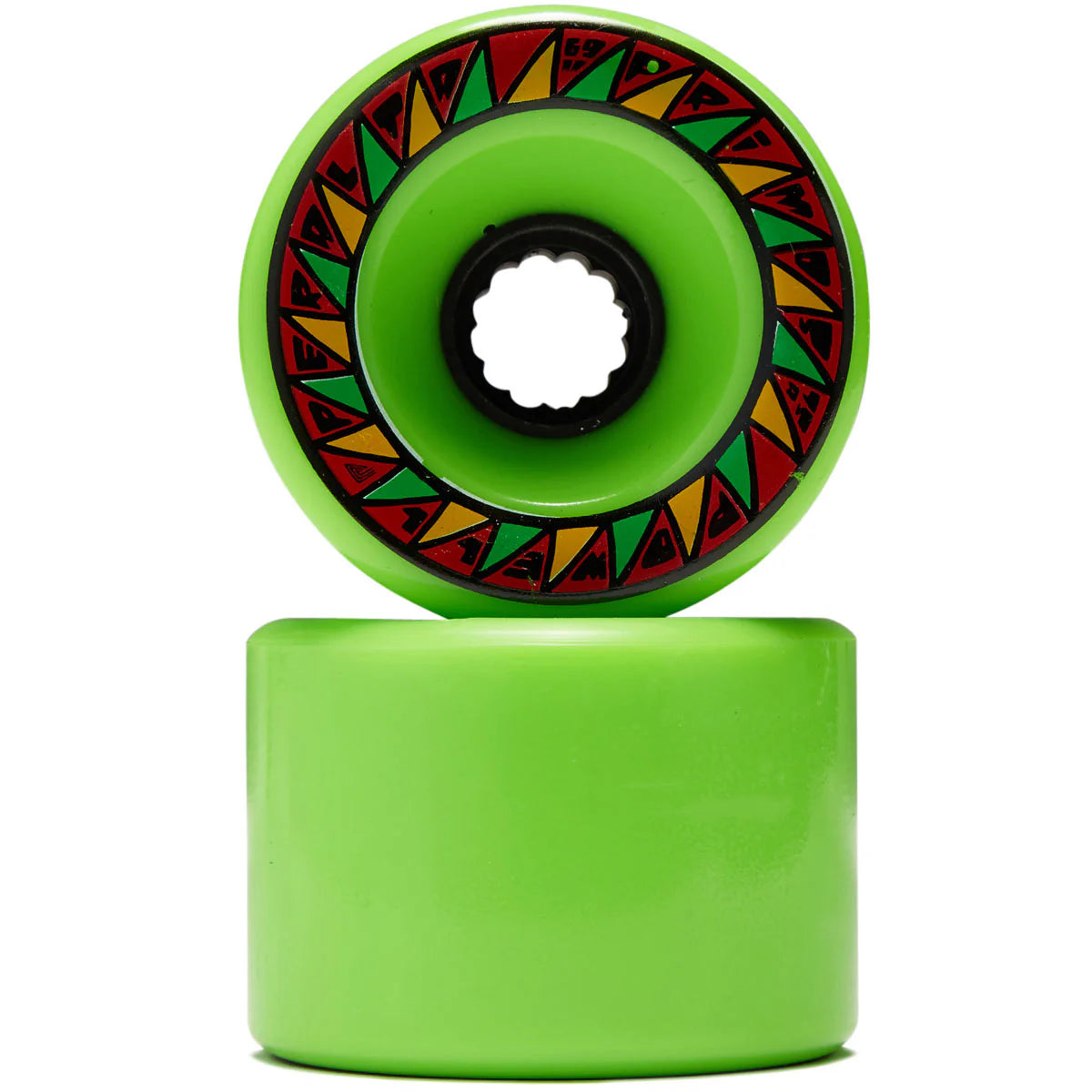 Green skateboard wheel with colorful rim design on a white background