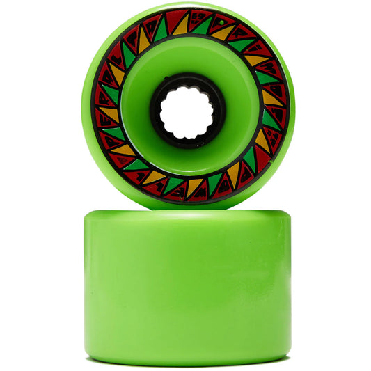 Green skateboard wheel with colorful rim design on a white background