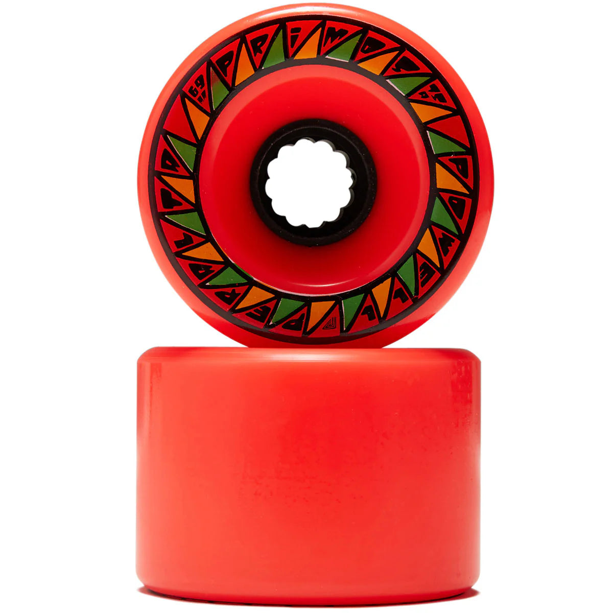 Red skateboard wheels with geometric pattern on a white background