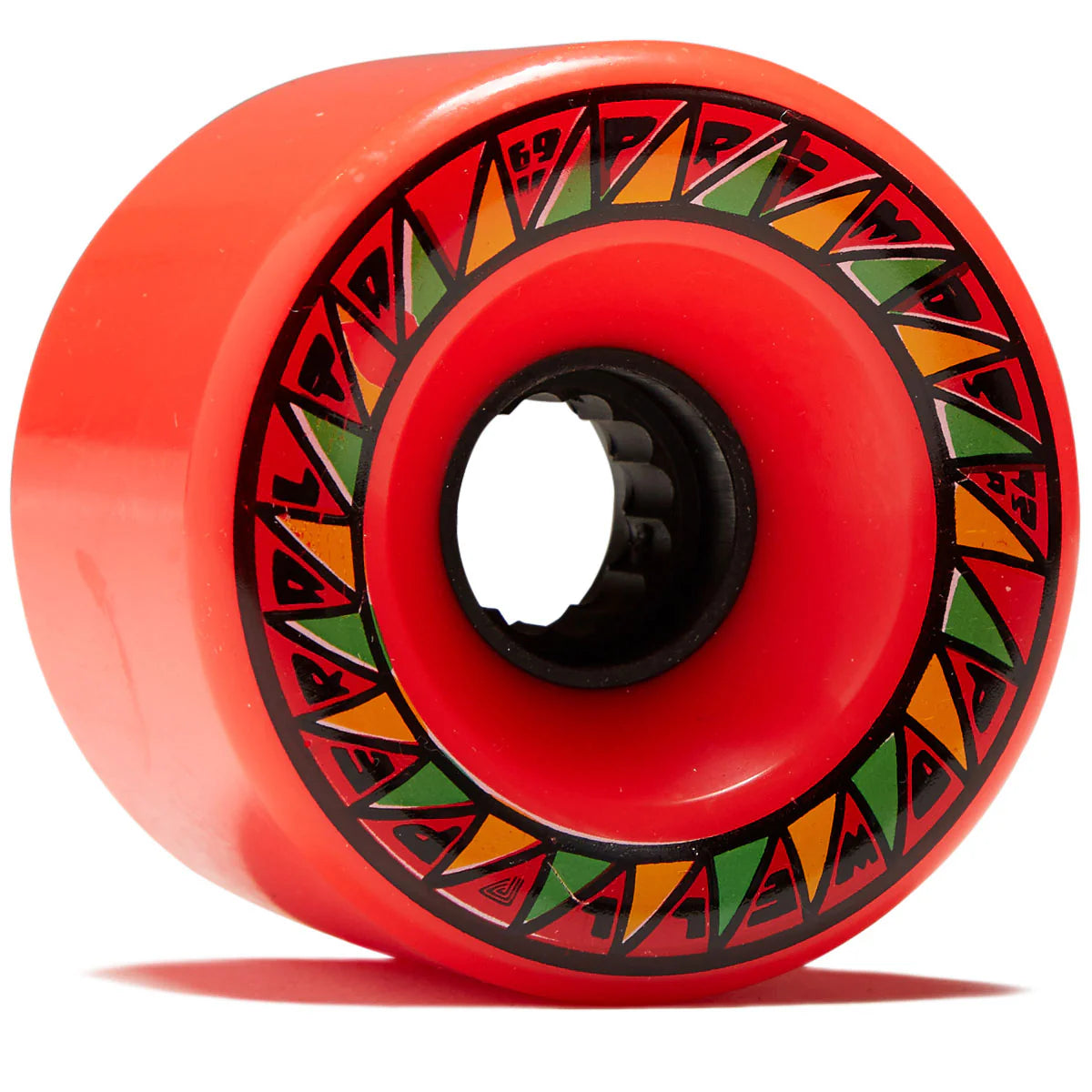 Red skateboard wheel with colorful geometric pattern on a white background