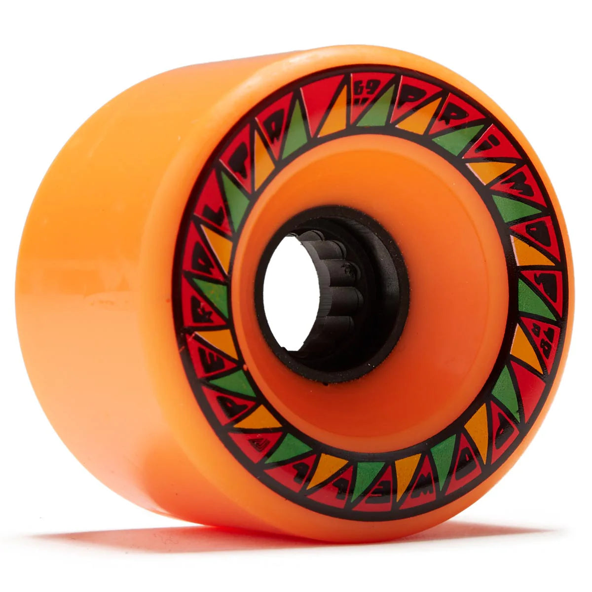 Orange skateboard wheel with geometric pattern on a white background