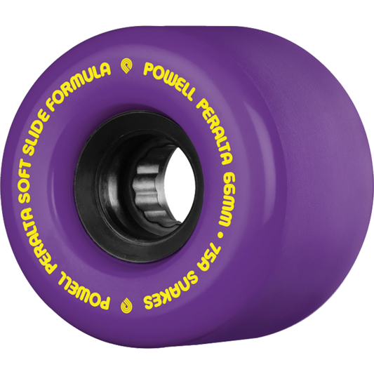 Purple skateboard wheel with yellow text on a white background