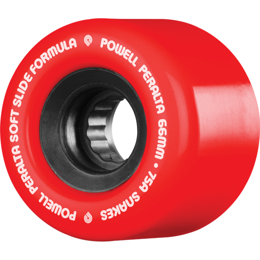 Red skateboard wheel with Powell Peralta branding on a white background