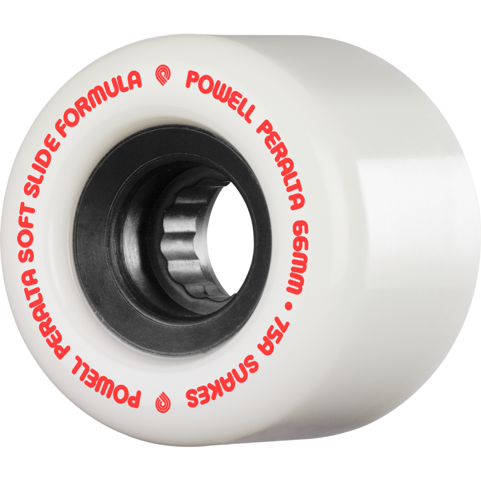 White skateboard wheel with red text on a white background