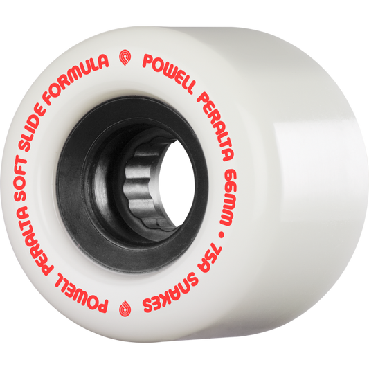 White skateboard wheel with red text on a white background
