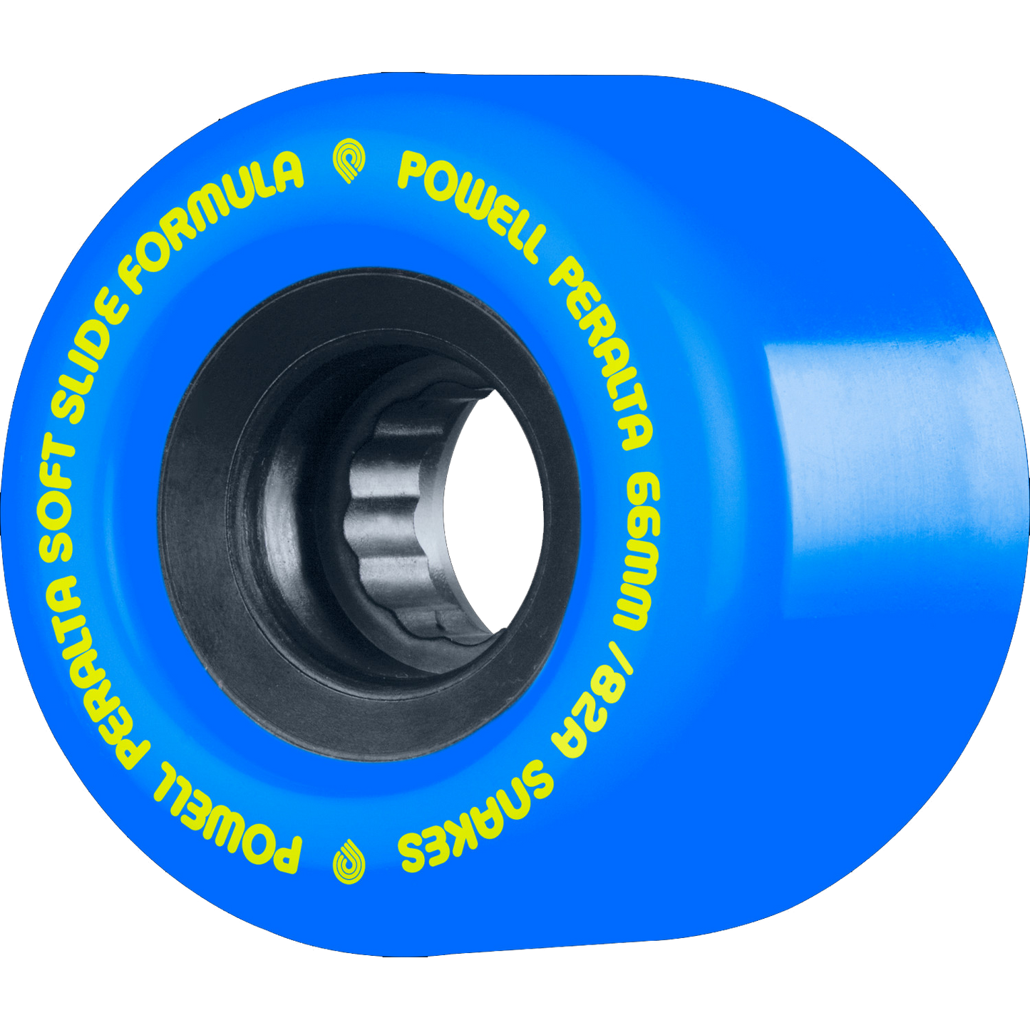 Blue skateboard wheel with yellow text on a white background