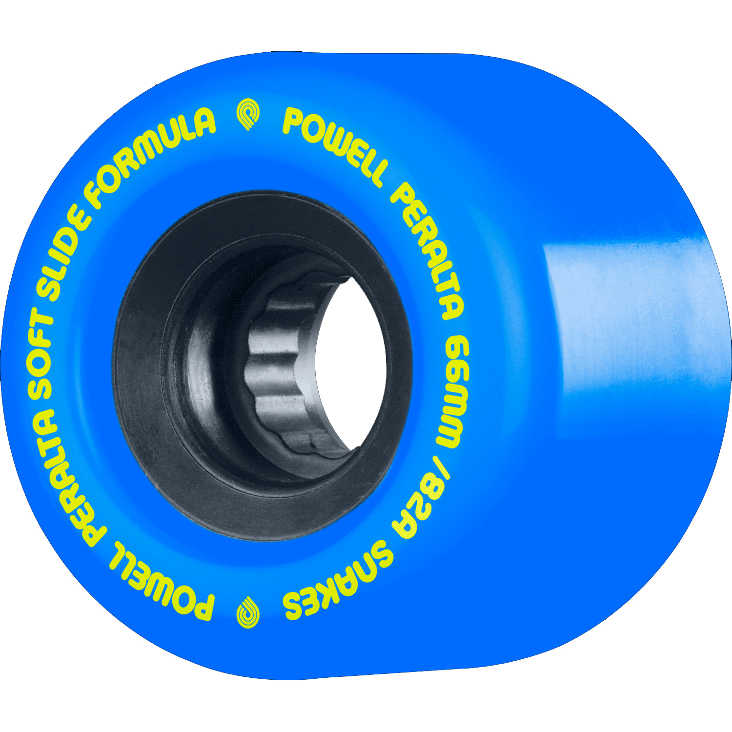 Blue skateboard wheel with yellow text on a white background