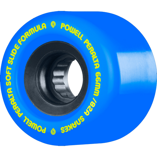 Blue skateboard wheel with yellow text on a white background