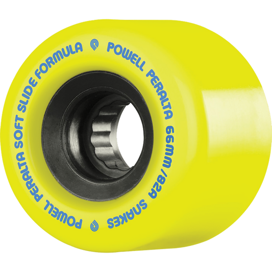 Yellow skateboard wheel with Powell Peralta branding on a white background