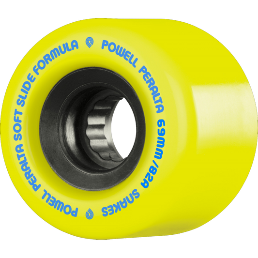 Yellow skateboard wheel with Powell Peralta branding on a white background
