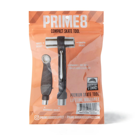 Package of Prime8 compact skate tool on an orange background