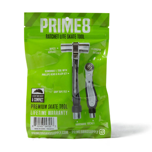 Green packaging of Prime8 ratchet lite skate tool on a white background