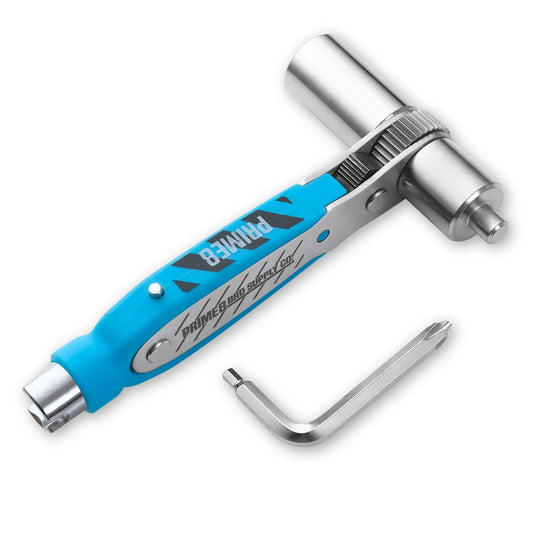 T-shaped tool with blue handle and silver head on a white background