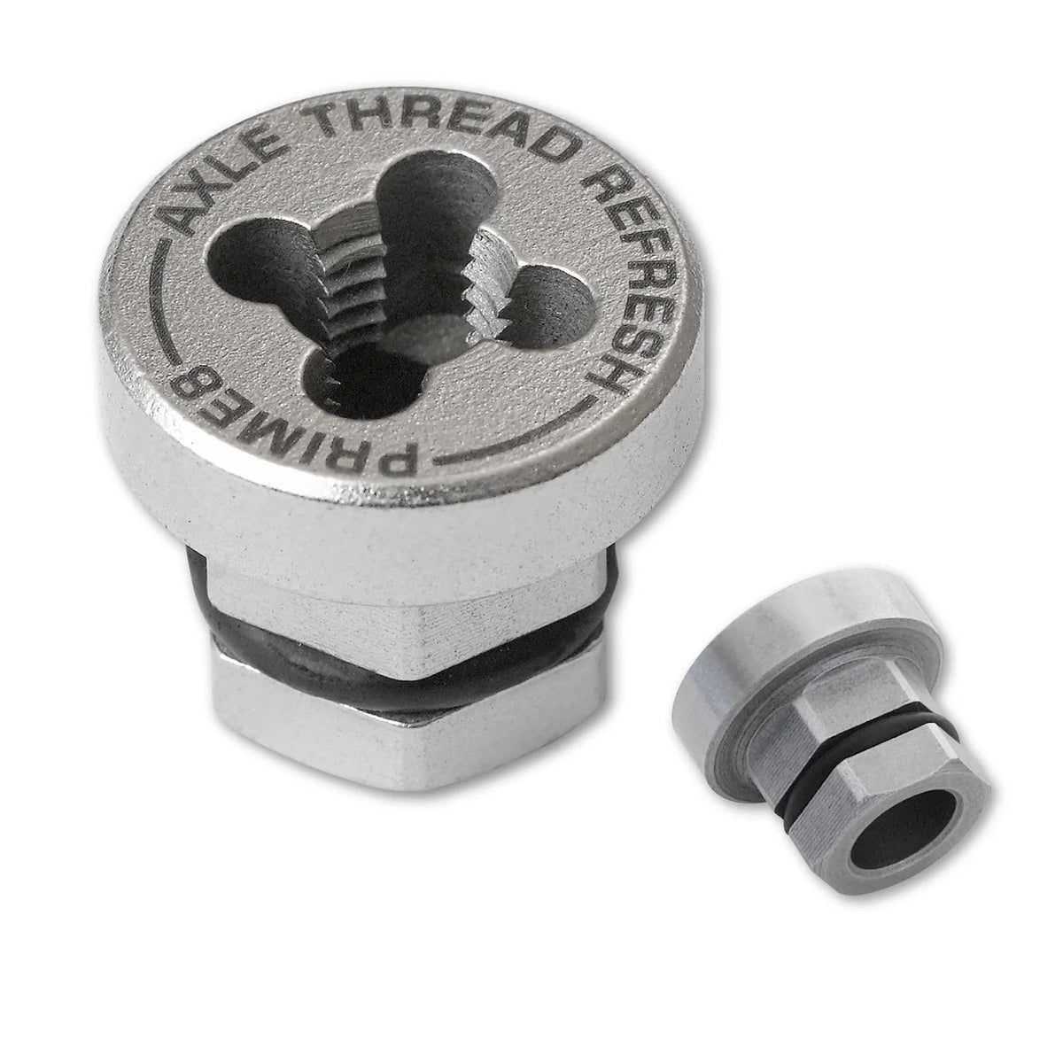 A silver metallic axle thread rephresh tool with a matching threaded adapter piece, shown on a white background. PRIME8 Brand Supply