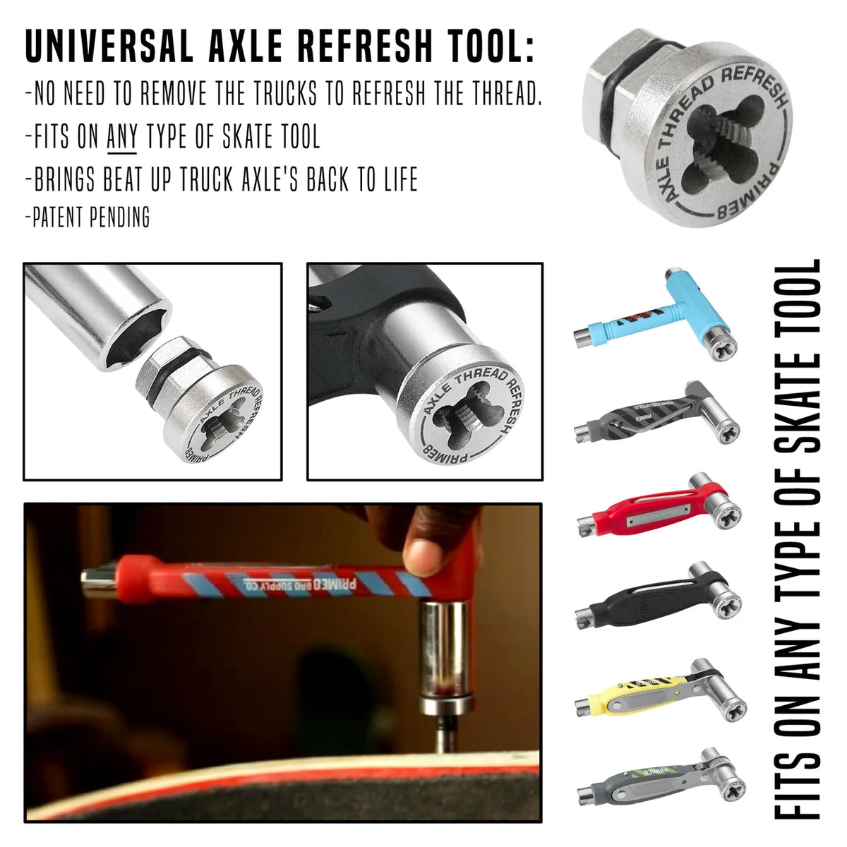 Universal axle refresh tool shown in multiple color options, including blue, red, black, yellow, and gray, with text explaining its use for skate trucks and a demonstration image of a hand using the red version.