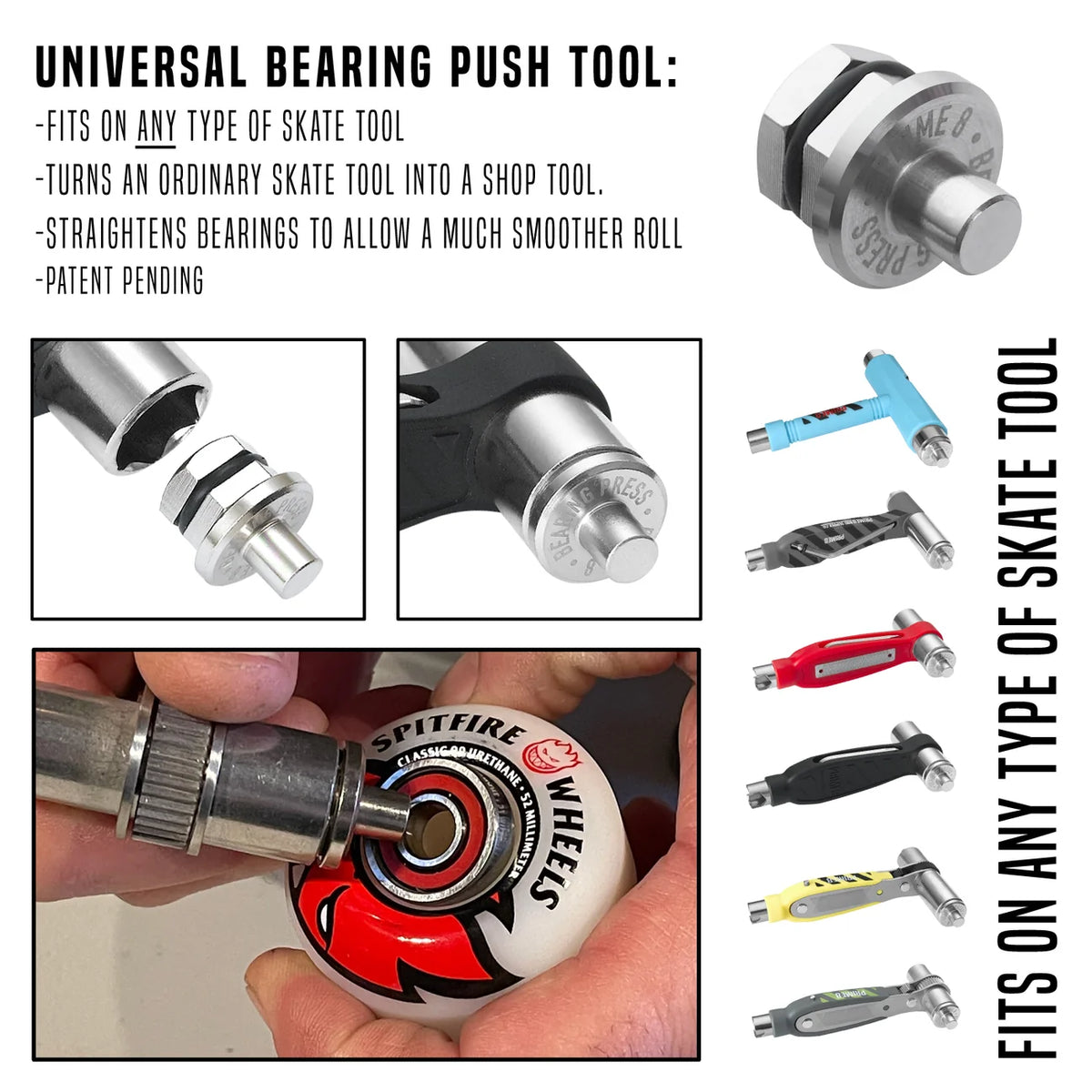 Universal bearing push tool for skate tools with text and product images.