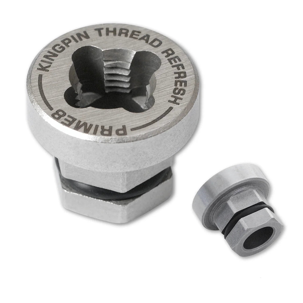 A silver metallic Kingpin Thread Rehash tool with a hexagonal base and a separate matching O-ring, shown on a white background. PRIME8 Brand Supply Co. 