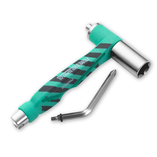 Turquoise and black tool with a metallic head on a white background