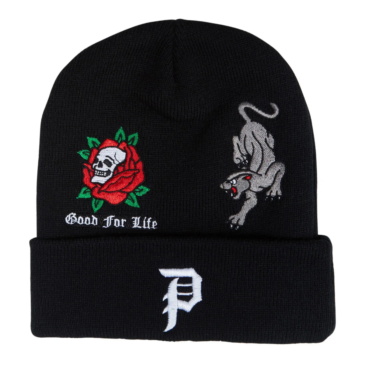 Black knit beanie with embroidered graphics: a red rose with a white skull and green leaves on the left, a gray panther on the right, white gothic text reading 'Good For Life' below the rose, and a large white stylized 'P' on the folded cuff.