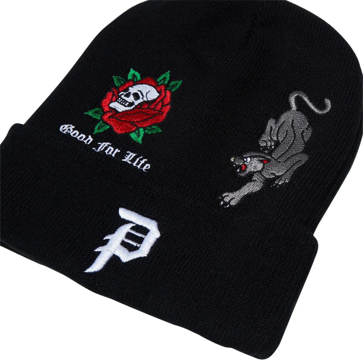 Black knit beanie with embroidered graphics: a red rose with a skull and green leaves on the left, the text 'Good For Life' below it, a gray panther on the right, and a large white stylized 'P' on the front cuff.