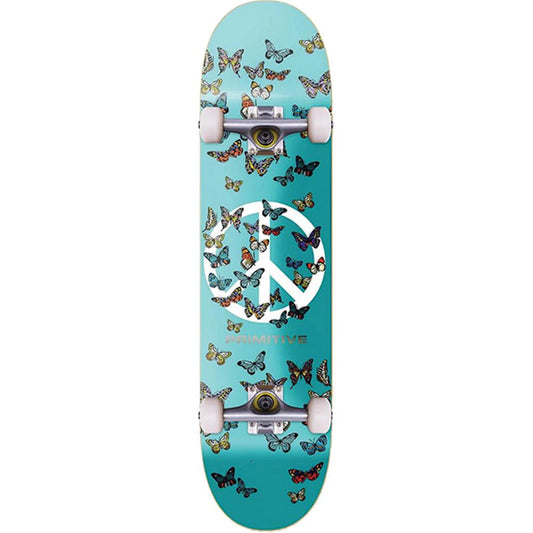 Skateboard with peace symbol and butterfly design on a light blue background