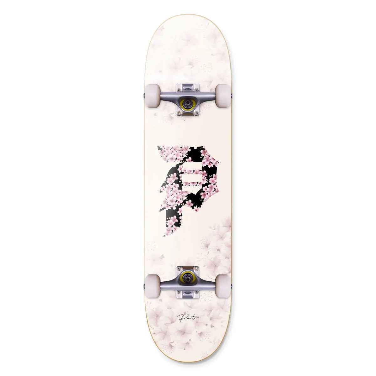 A skateboard with a cream-colored deck decorated with pink cherry blossom patterns and a black stylized character graphic in the center. The skateboard is shown vertically against a solid white background.