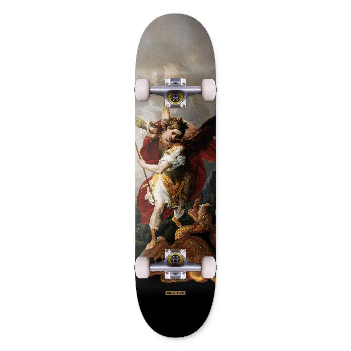 A skateboard shown vertically against a plain white background, featuring a classical painting print of an angel on the deck. The skateboard has white wheels and silver trucks.
