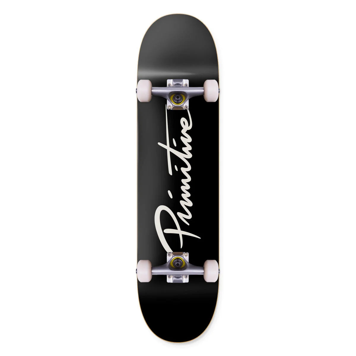 A black skateboard deck with a white 'Primitive' logo printed vertically on the underside, shown against a plain white background.