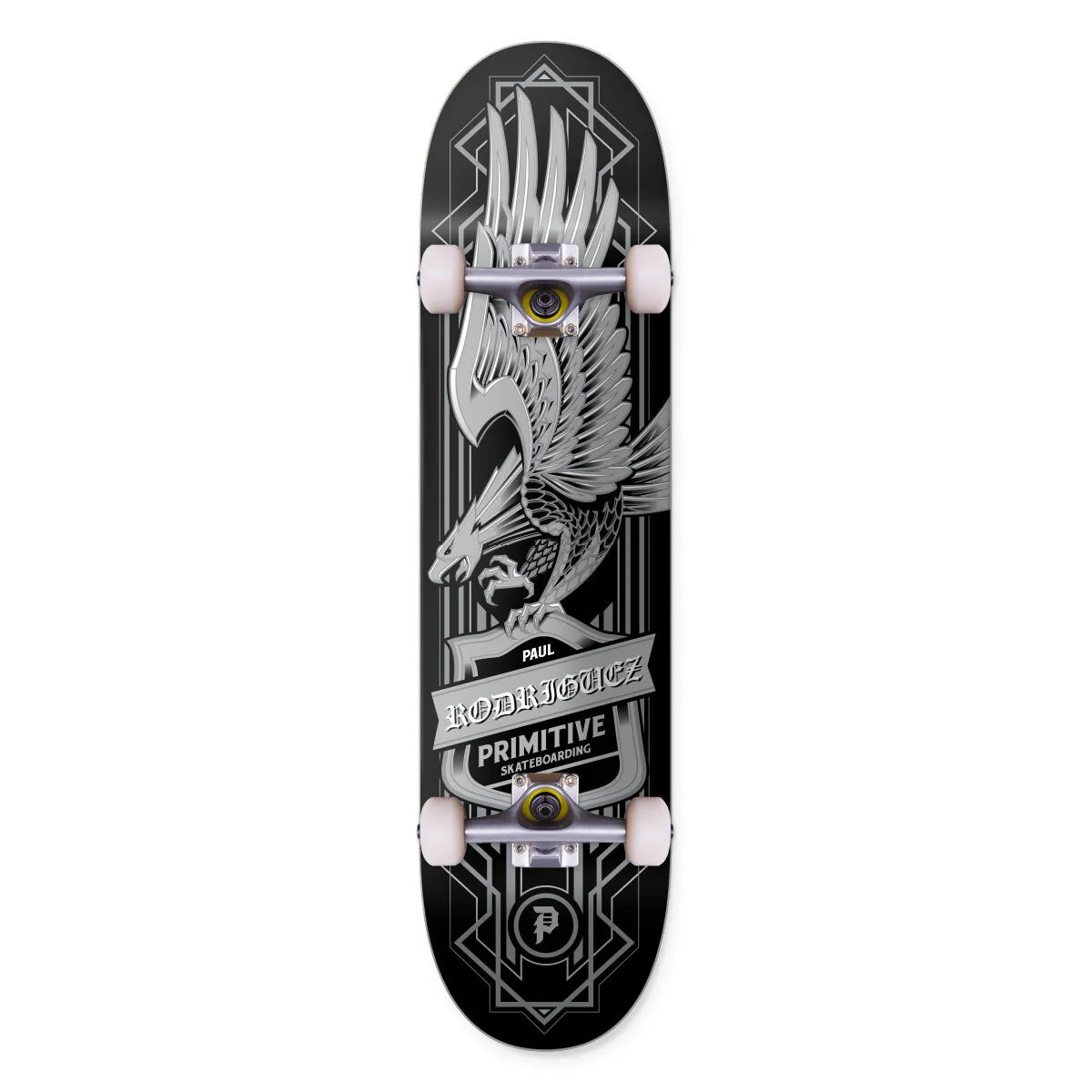 A skateboard deck featuring a detailed black and white graphic of a winged creature, with 'PAUL RODRIGUEZ' and 'PRIMITIVE WAREHOUSE' printed on the bottom, shown against a plain white background.