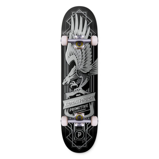 A skateboard deck featuring a detailed black and white graphic of a winged creature, with 'PAUL RODRIGUEZ' and 'PRIMITIVE WAREHOUSE' printed on the bottom, shown against a plain white background.