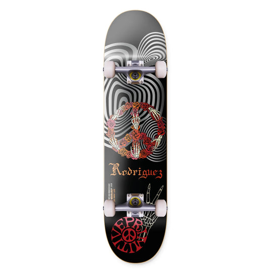 Skateboard with decorative design and 'Rodriguez' branding on a white background